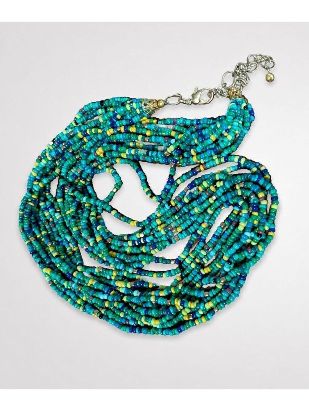Multistrand Blue Green Beaded Necklace Adjustable 22" Long Aqua Boho